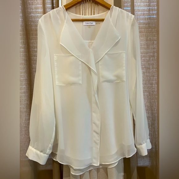 Calvin Klein Sz S Ivory Blouse Layered Sheer Rolled up Sleeve Top Career work - Picture 1 of 11